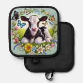 Jong kalf met bloemenkrans en vlinders pannenlap (Voorkant / Achterkant)