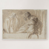 Jong man wijst omhoog, houdt vrouw bewusteloos legpuzzel (Horizontaal)