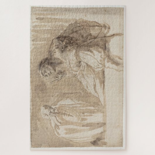 Jong man wijst omhoog, houdt vrouw bewusteloos legpuzzel (Verticaal)