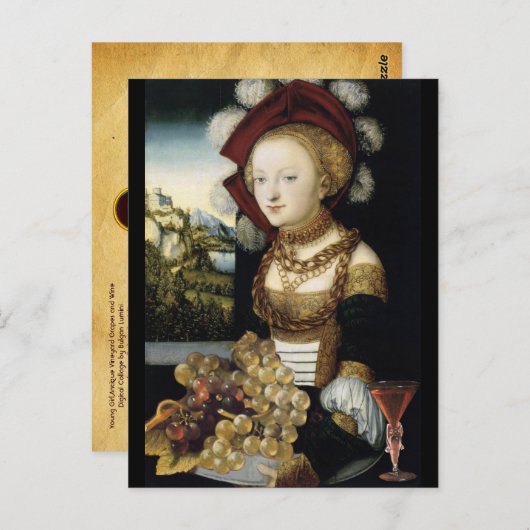 JONG MEISJE, ANTIEK VINEYARD GRAPES EN WIJN BRIEFKAART (Voorkant / Achterkant)