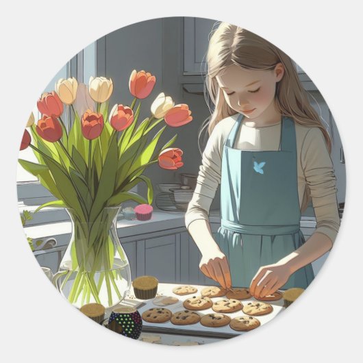 Jong Meisje Cookie Baker Ronde Sticker (Voorkant)
