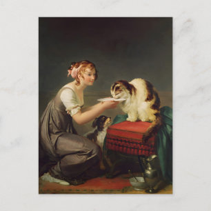 Jong meisje geeft melk aan haar kat kunst briefkaart