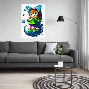 Jong meisje groene kleding blauw lint AI Art Poster