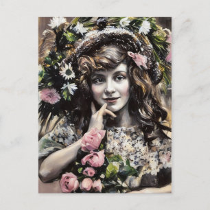 Jong meisje met bloemenhoed rozen pastel tekening briefkaart