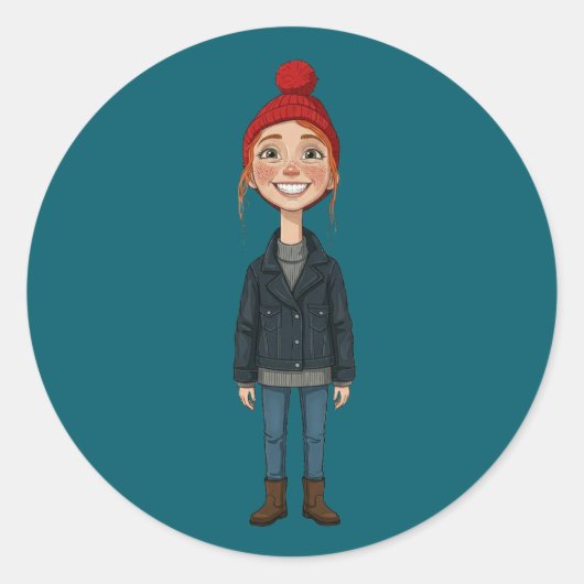 Jong Meisje met Rode Muts en Ronde Sticker (Voorkant)