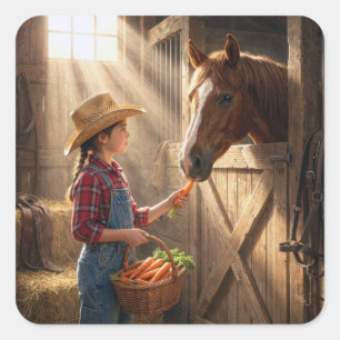 Jong meisje voert een paard wortels vierkante sticker