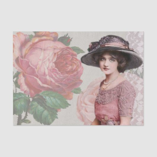 Jong Victoriaans Vrouw  Bloemjurk en Pet Tissuepapier (Voorkant)