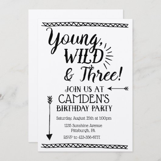 Jong, Wild & Drie Verjaardag uitnodiging (Voorkant / Achterkant)