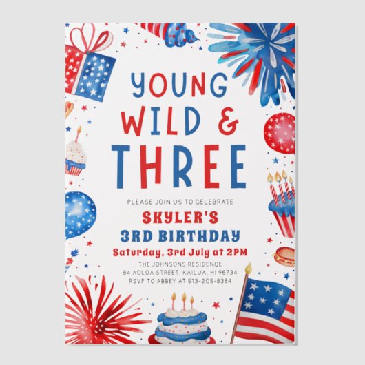 Jong Wild en Drie 4th Juli 3rd Verjaardagsfeest Vellum Uitnodigingen (Voorkant)