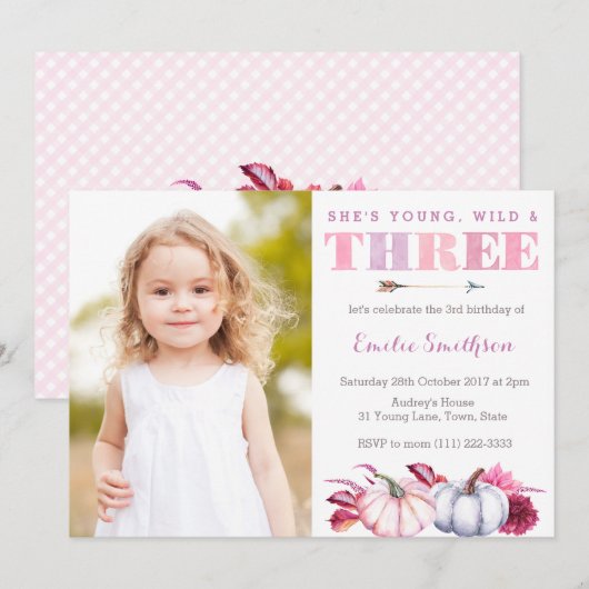 Jong, Wild en Drie, Pompoen 3e Verjaardagsfeestje Kaart (Voorkant / Achterkant)