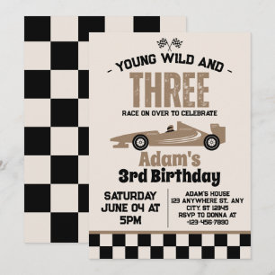 Jong Wild en Drie Race Car 3e Verjaardagsfeestje Kaart