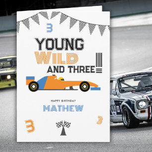Jong, wild en drie raceauto 3de verjaardag  kaart