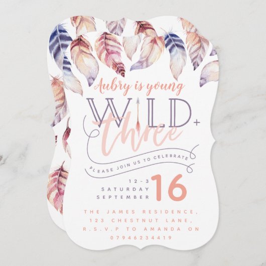 Jong, wild en drie verjaardagsuitnodiging. kaart (Voorkant / Achterkant)