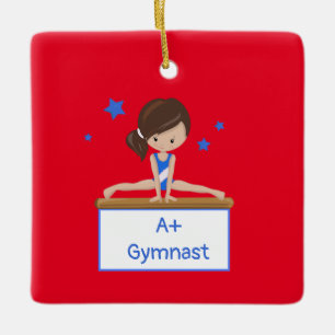 Jonge Brunette Gymnast Gepersonaliseerde Aangepast Keramisch Ornament