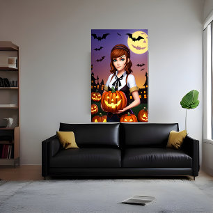 Jonge dame bruin haar met een pompoen AI Art Poster