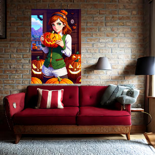 Jonge dame lang haar met een pompoen AI Art Poster