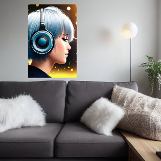 Jonge dame luistert naar muziek | AI Art Poster