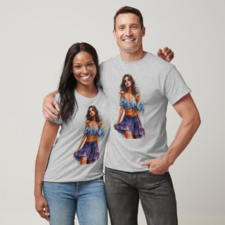 Jonge dame op rok op een grijze t-shirt