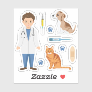 Jonge Dierenarts Met Puppy Kat En Dierenartssachen Sticker