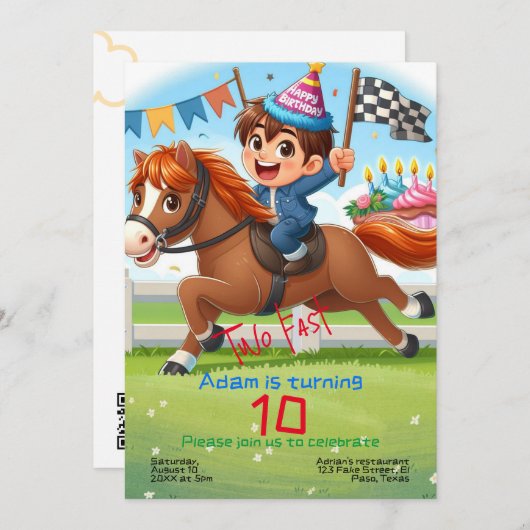 Jonge geitjes verjaardagsuitnodiging: Twee snel, p Kaart (Voorkant / Achterkant)