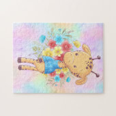 Jonge Giraffe in een blauwe trui met bloemen Legpuzzel (Horizontaal)