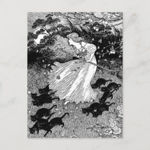 Jonge heks en zwarte katten briefkaart