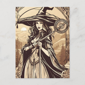 Jonge Heks in Sepia, Vintage Halloween Briefkaart