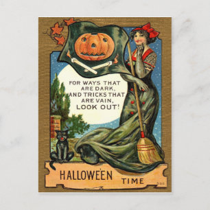 Jonge heks vrouw met bezem en pompoen, vintage briefkaart