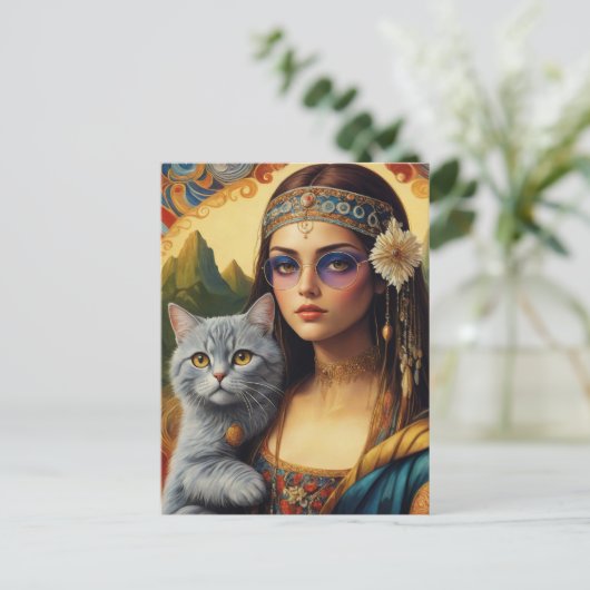 Jonge Hippie Mona Lisa en Haar Grijze Kat Briefkaart (Staand voorkant)