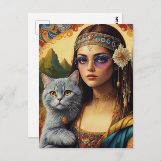 Jonge Hippie Mona Lisa en Haar Grijze Kat Briefkaart (Voorkant / Achterkant)