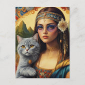 Jonge Hippie Mona Lisa en Haar Grijze Kat Briefkaart (Voorkant)