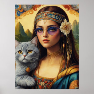Jonge hippie Mona Lisa en haar grijze kat Poster