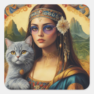 Jonge Hippie Mona Lisa en Haar Grijze Kat Vierkante Sticker