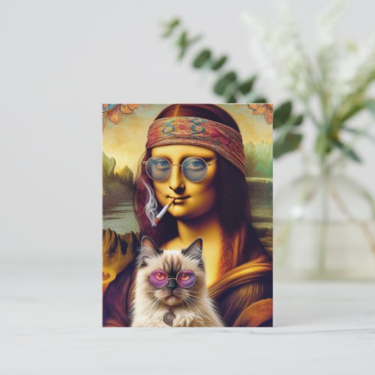 Jonge Hippie Mona Lisa En Haar Himalaya Kat Briefkaart (Staand voorkant)