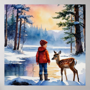Jonge jongen met een fawn hert poster