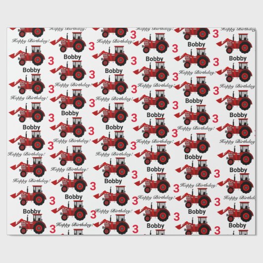 Jonge jongens Rode Lader Tractor Naam in Leeftijd Cadeaupapier (Vlak)