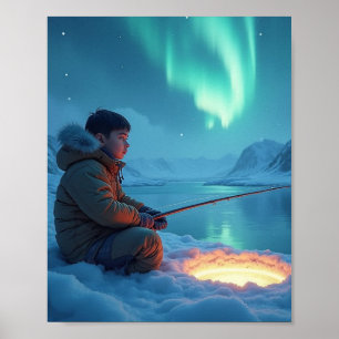 Jonge man ijsvissen poster