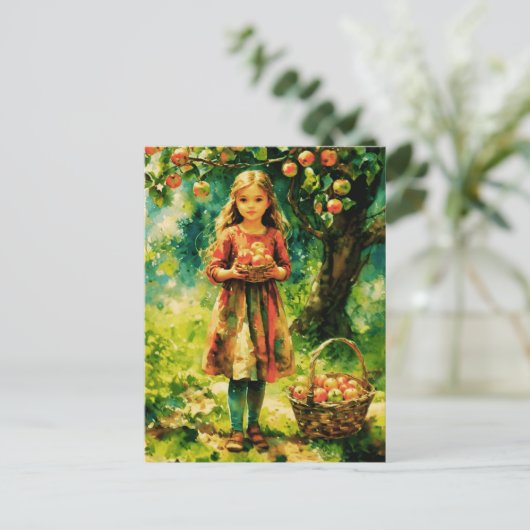 Jonge meid in een appelboomgaard briefkaart (Staand voorkant)