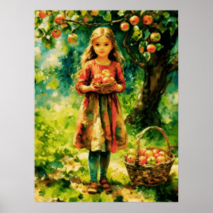 Jonge meid in een appelboomgaard poster