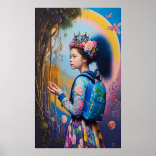 Jonge meid in het bos met rugzak poster