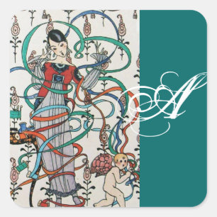 JONGE MEISJE, KORFUL RIBBON SWIRLS, KUPID MONOGRAM VIERKANTE STICKER