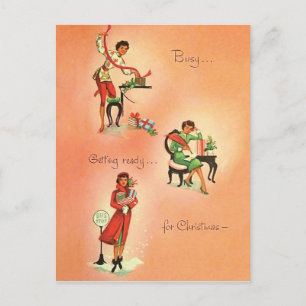 Jonge meisje maakt zich klaar voor Kerstmis, vinta Briefkaart