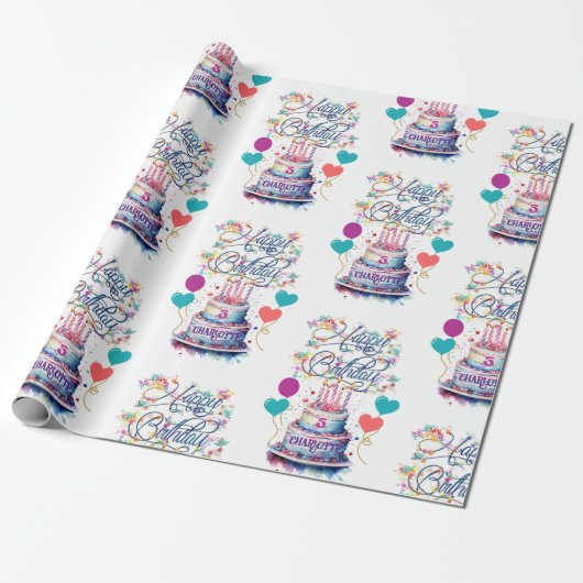 Jonge Meisjes Verjaardag Naam toevoegen Leeftijd Cadeaupapier (Uitgerold)