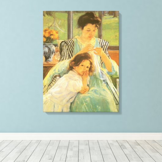 Jonge moeder naai door Mary Cassatt,  kunst Canvas Afdruk (Insitu (Houten vloer))