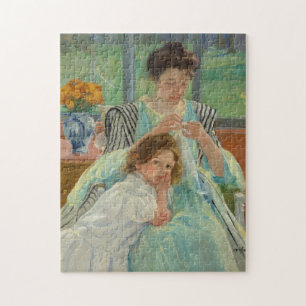 Jonge moeder naaien legpuzzel