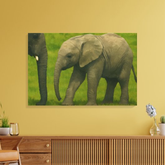 Jonge olifant met voogd in grasreservaat canvas afdruk (Insitu (Woonkamer))
