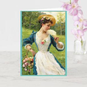 Jonge schoonheid met een mand Rozen Kaart