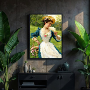 Jonge schoonheid met een mand rozen poster