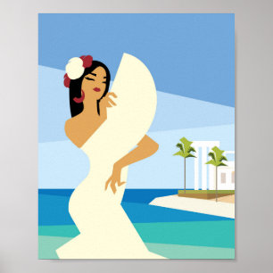 Jonge Spaanse Dame poseren met fan in de kust van  Poster