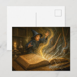 Jonge tovenaar met boek fantasy illustratie feestdagenkaart